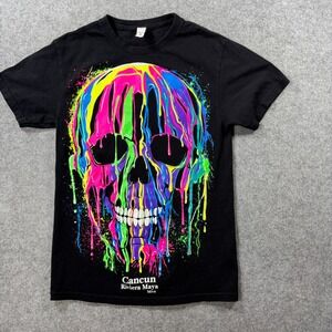 Comfort Mens Cancun Riviera Maya Skull T Shirt S Black Neon Paint Drip Cotton